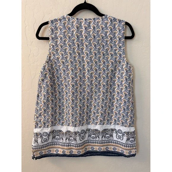 J.Jill Love Linen Sleeveless‎ Top Elephant Print Keyhole Neckline Pockets Size M - Picture 8 of 9